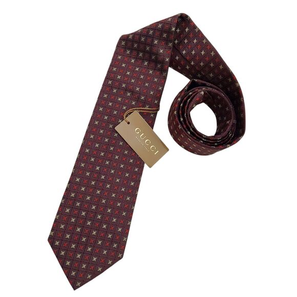 Gucci Tie Mens Red 100% Silk Narrow Geometric Meadow Luxury Designer Italy - Picture 4 of 12